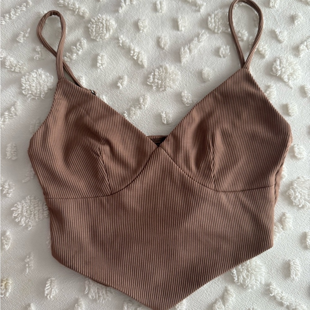 Princess Polly Brown Crop Top with V-Neck and Spaghetti Straps